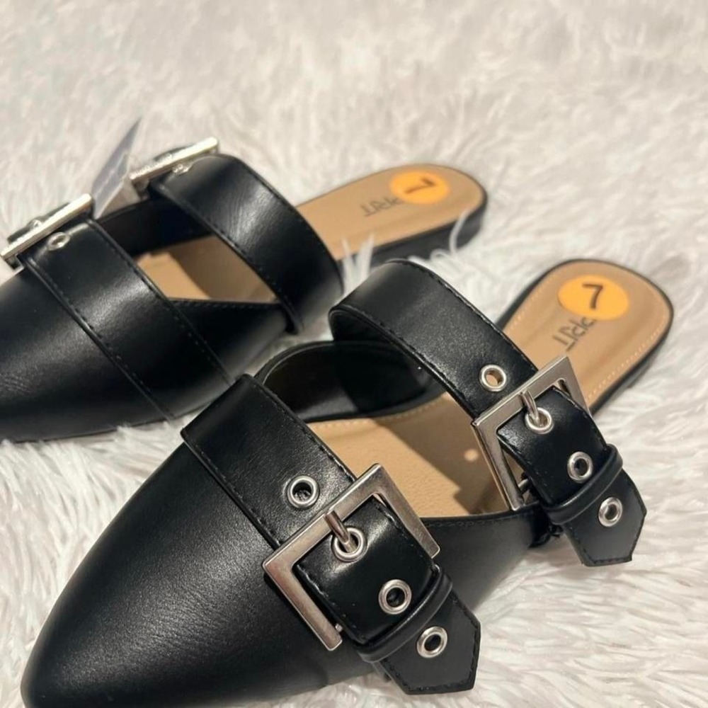 Esprit NWT Black leather buckle mules
